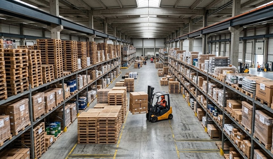 Interior warehouse with organized pallet storage on shelves