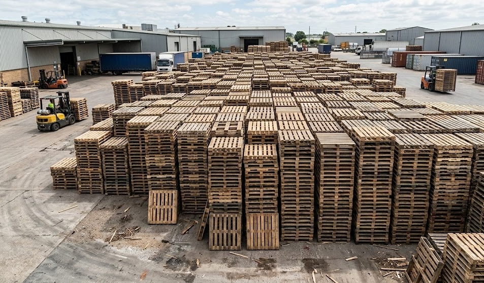 Massive pallet inventory yard aerial view